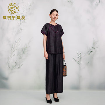 Top - 100% Mulberry Silk,Elegant Oriental Silk Turtle Crack Pattern Guangdong Black Pearl Gambiered Guangdong Gauze xiangyunsha