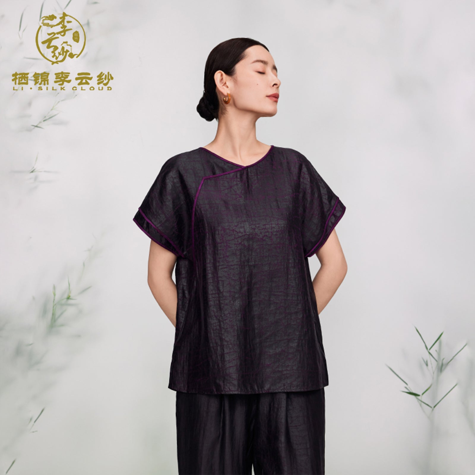 Top - 100% Mulberry Silk,Elegant Oriental Silk Turtle Crack Pattern Guangdong Black Pearl Gambiered Guangdong Gauze xiangyunsha