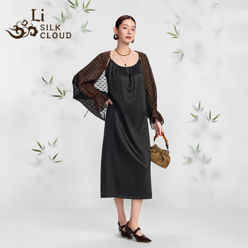 Chinese Style Pure Black Gambiered Silk Maxi Dress LooseFit Slimming Comfort Silky Premium   Guangdong Black Pearl Gambiered Guangdong Gauze xiangyunsha