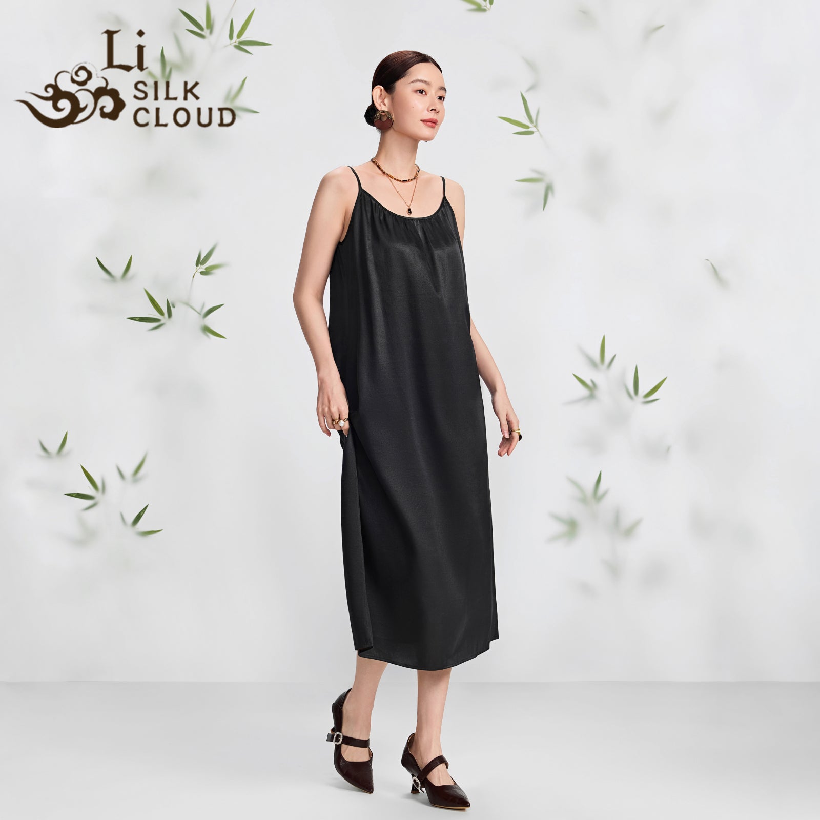 Chinese Style Pure Black Gambiered Silk Maxi Dress LooseFit Slimming Comfort Silky Premium   Guangdong Black Pearl Gambiered Guangdong Gauze xiangyunsha
