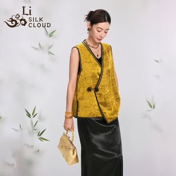 100%Silk New Chinese Style Yellow Sleeveless Vest l Chinese knot button Elegant Comfortable Luxury Wear  Guangdong Black Pearl Gambiered Guangdong Gauze xiangyunsha