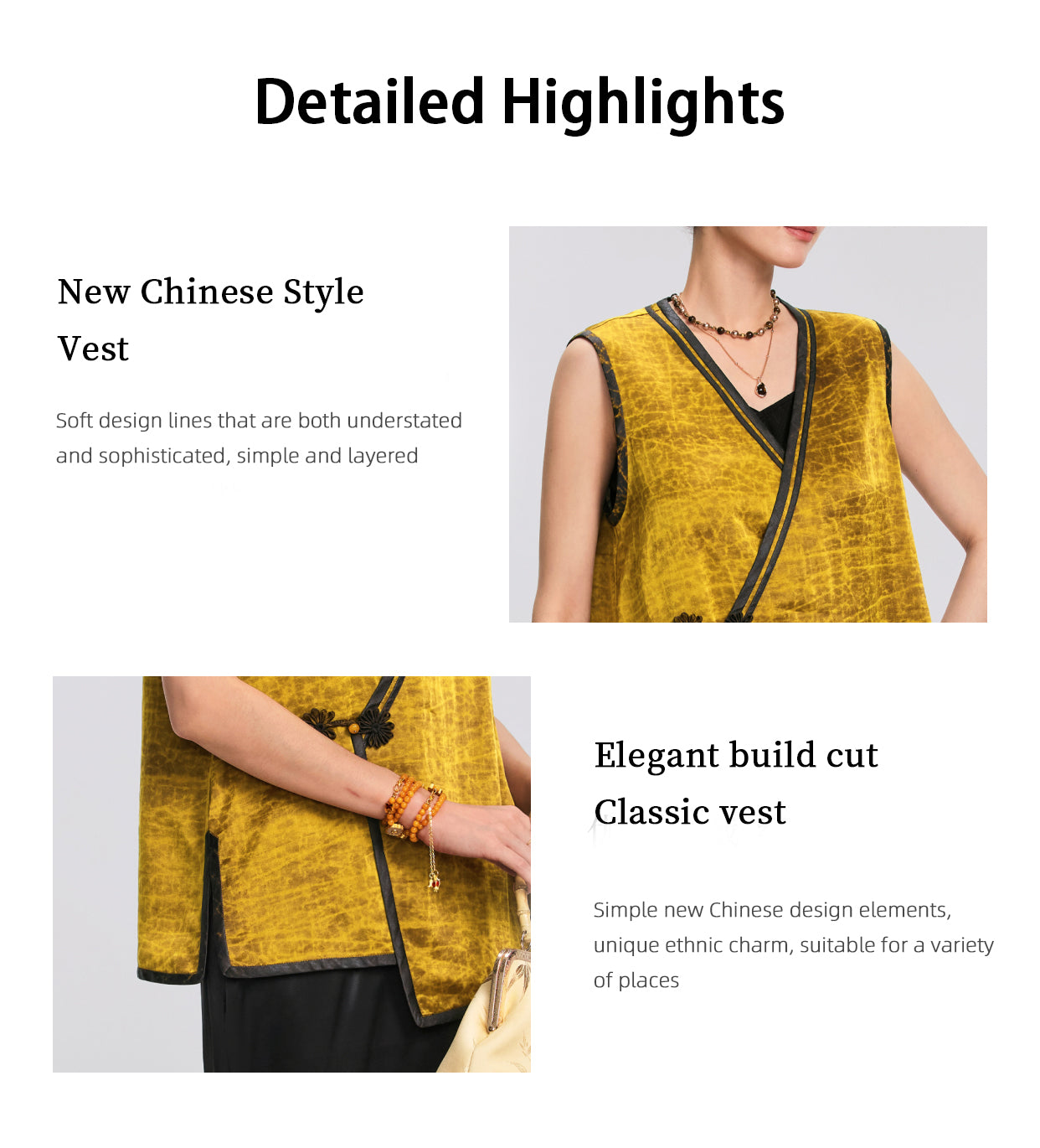 100%Silk New Chinese Style Yellow Sleeveless Vest l Chinese knot button Elegant Comfortable Luxury Wear  Guangdong Black Pearl Gambiered Guangdong Gauze xiangyunsha