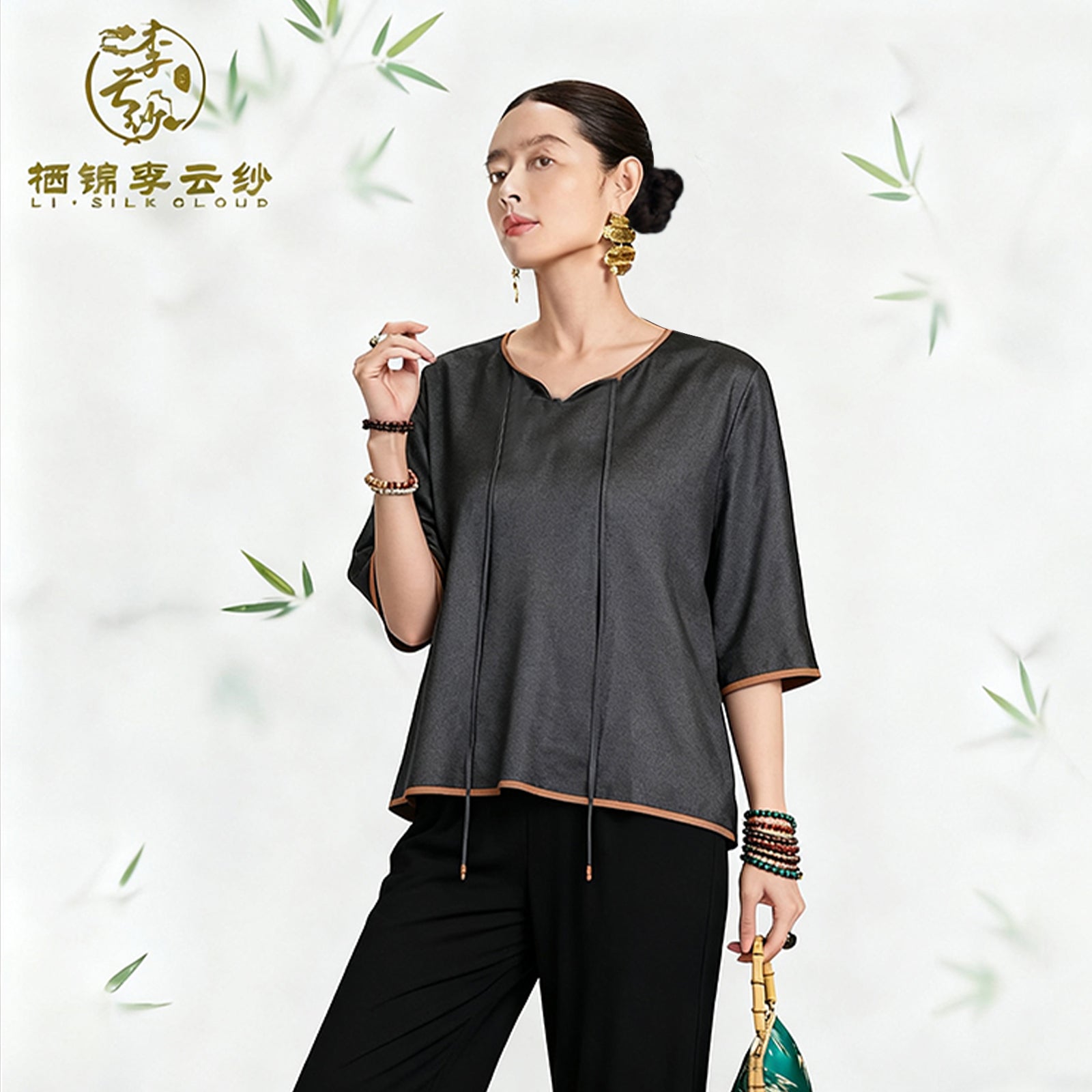 New Chinese-style lightweight top | Silk Xiangyunsha fabric Cloud-like softness, skin-friendly, slimming Guangdong Black Pear Gambiered Guangdong Gauze xiangyunsha