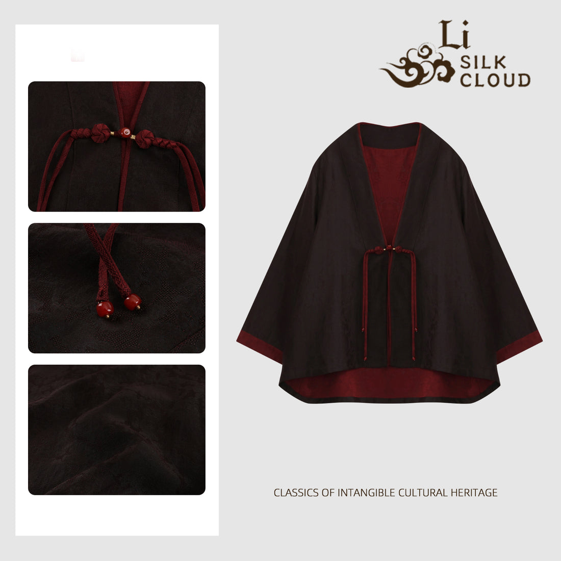 Red Black Gambiered Silk Jacket Chinese Style Hand-Knotted Cording Exquisite Closures 100 Pure SilkLightweight Summer Guangdong Black Pearl GambieredGuangdong Gauze xiangyunsha