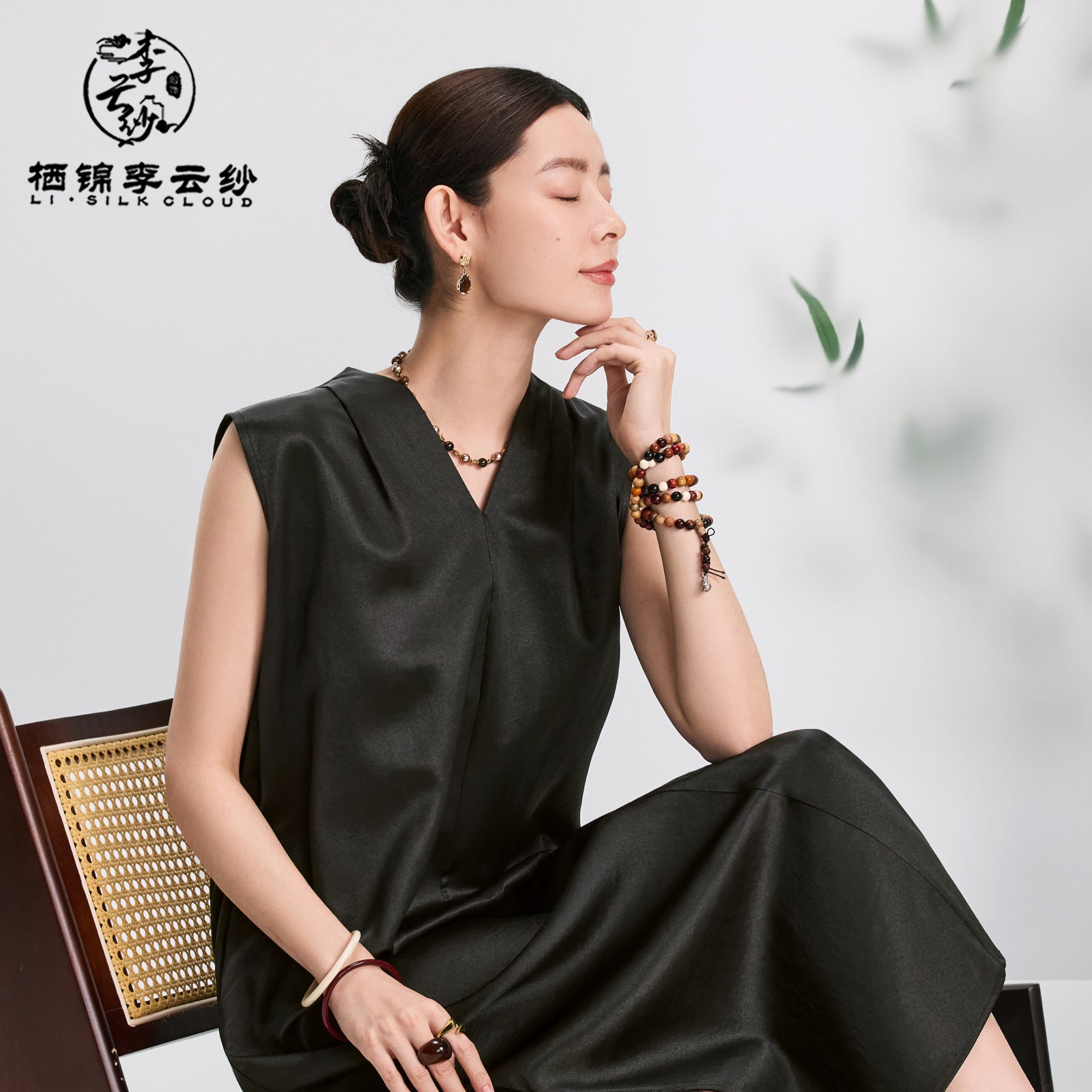 100% Silk Xiangyunsha Chinese Dress | Side Slit EleganceCooling Fluid Drape Guangdong Black Pearl GambieredGuangdong Gauze xiangyunsha