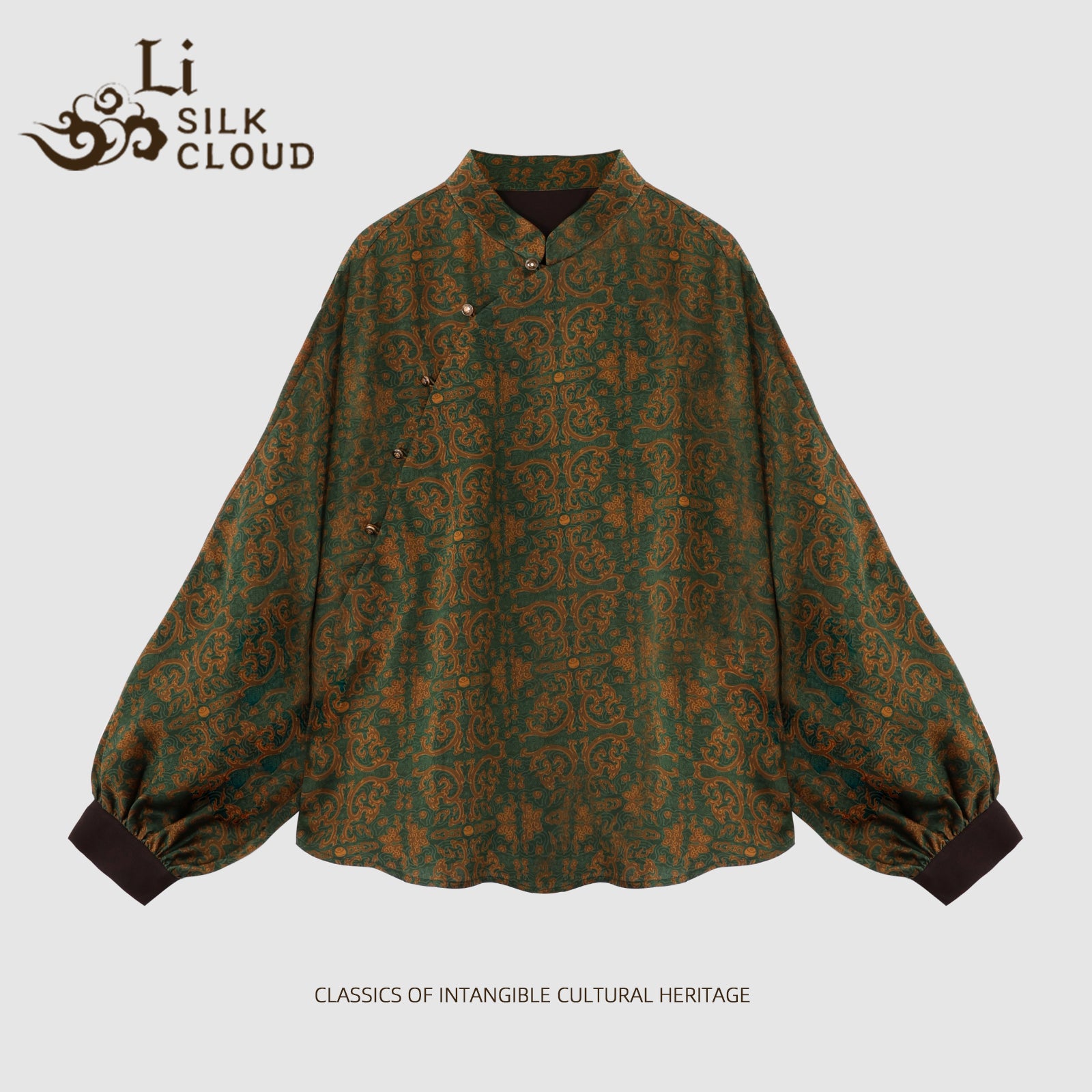 Chic Xiangyunsha TOP | Vintage Frog Closures & MandarinCollar | Bold Dark Green/Orange | Flowy Lantern Sleeves lLuxury Feel Guangdong Black Pearl Gambiered GuangdongGauze xiangyunsha