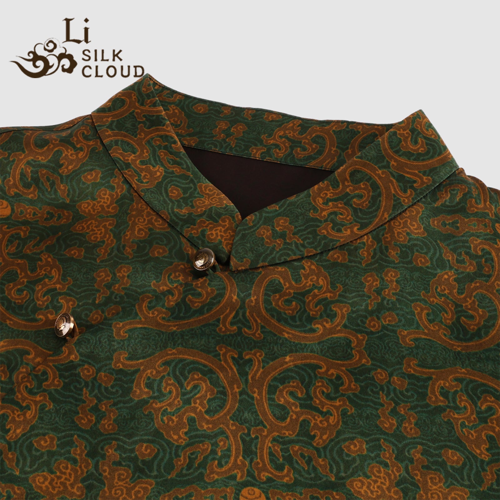 Chic Xiangyunsha TOP | Vintage Frog Closures & MandarinCollar | Bold Dark Green/Orange | Flowy Lantern Sleeves lLuxury Feel Guangdong Black Pearl Gambiered GuangdongGauze xiangyunsha