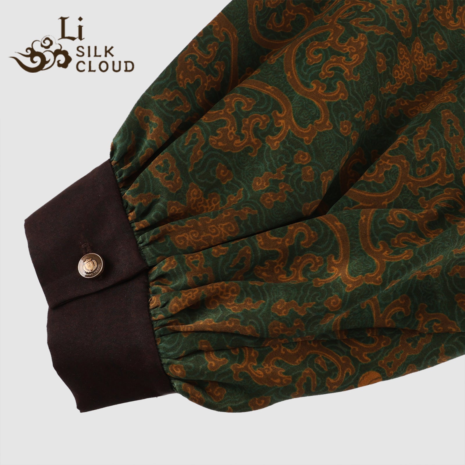 Chic Xiangyunsha TOP | Vintage Frog Closures & MandarinCollar | Bold Dark Green/Orange | Flowy Lantern Sleeves lLuxury Feel Guangdong Black Pearl Gambiered GuangdongGauze xiangyunsha