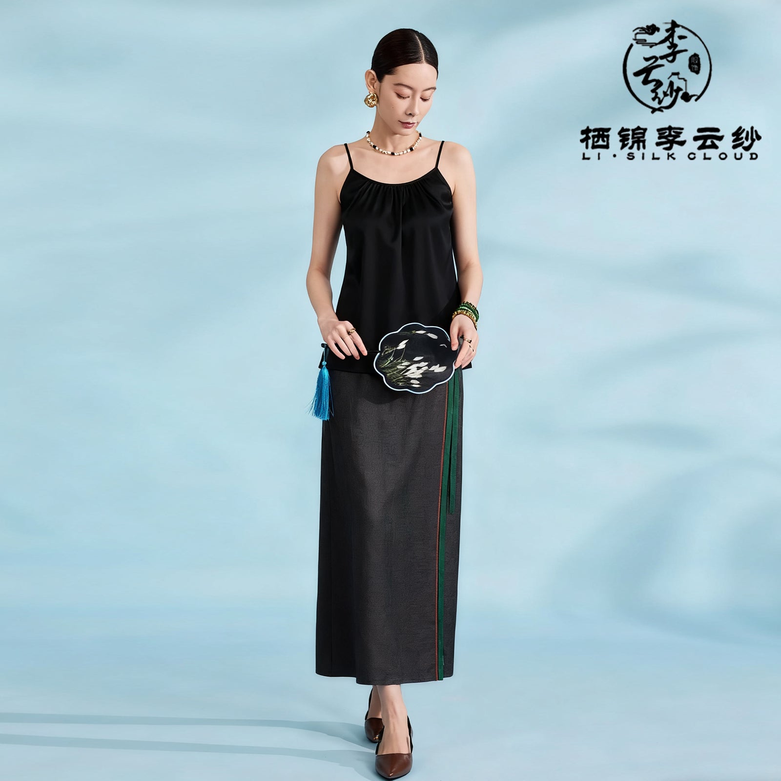 Skin-friendly Xiangyunsha long skirt . Slimming cut · Minimalistnew Chinese style   Guangdong Black Pearl GambieredGuangdong Gauze xiangyunsha