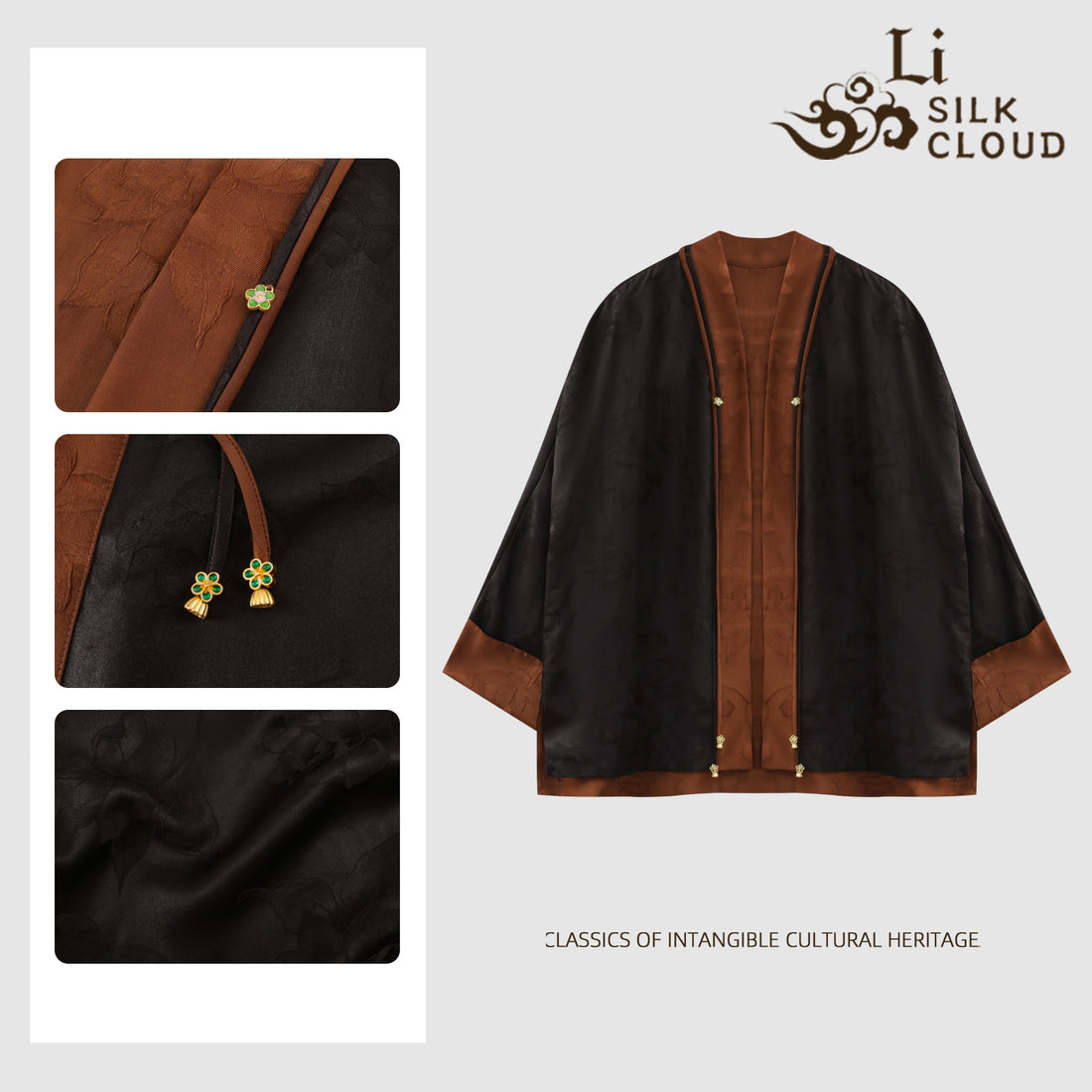Soft Xiangyunsha Silk Coat · Brown-Black High-End Feel.Intangible Cultural Heritage Craftsmanship Breathable andHeat-Resistant   Guangdong Black Pearl Gambiered Guangdong Gauze xiangyunsha