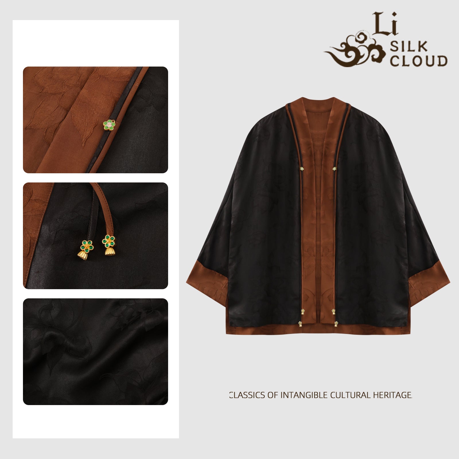Soft Xiangyunsha Silk Coat · Brown-Black High-End Feel.Intangible Cultural Heritage Craftsmanship Breathable andHeat-Resistant   Guangdong Black Pearl Gambiered Guangdong Gauze xiangyunsha