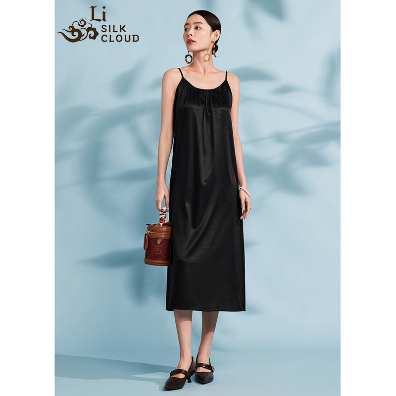 LI SILK CLOUD Women's Black Silk Xiangyunsha Slip Dress - Traditional Dyeing Craft, Stylish Camisole Design