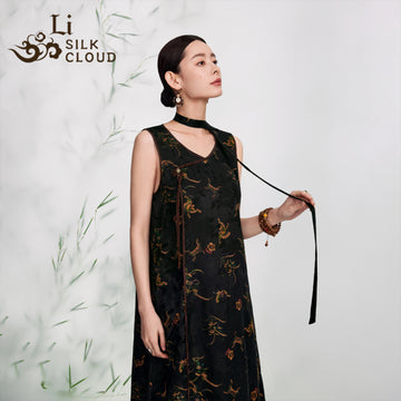 100% SILK dress Sleeveless Xiangyunsha Chinese style Gold Embroidery Side Slit Guangdong Black Pearl Gambiered Guangdong xiangyunsha