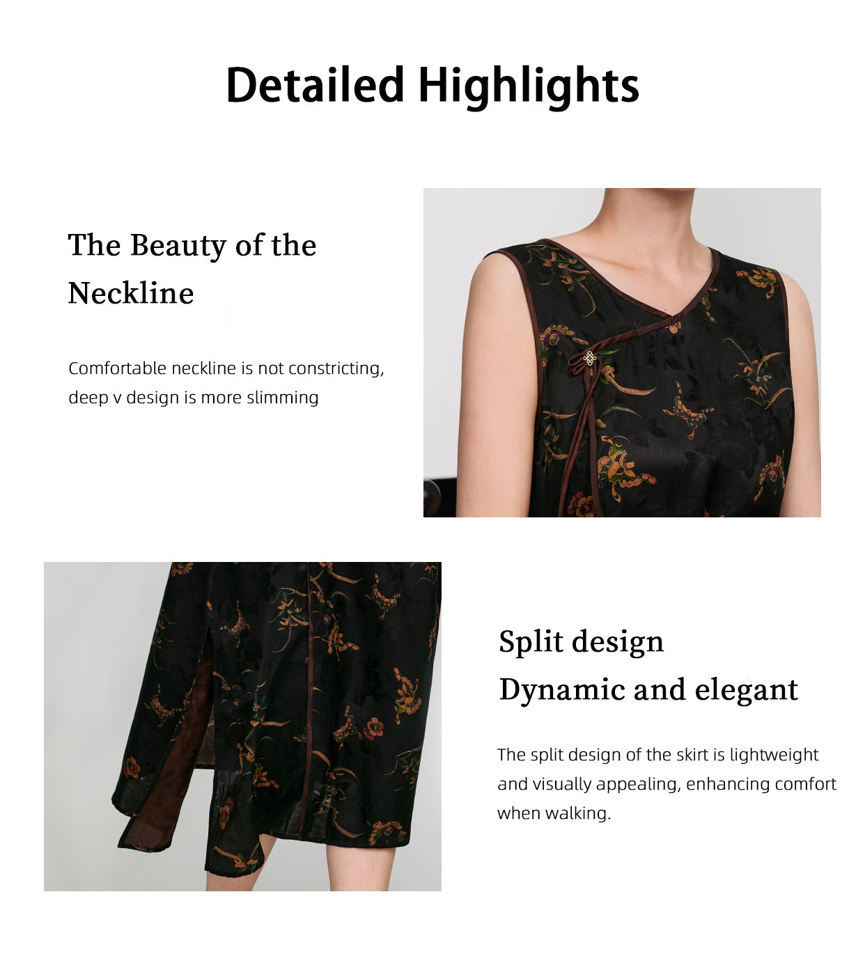 100% SILK dress Sleeveless Xiangyunsha Chinese style Gold Embroidery Side Slit Guangdong Black Pearl Gambiered Guangdong xiangyunsha