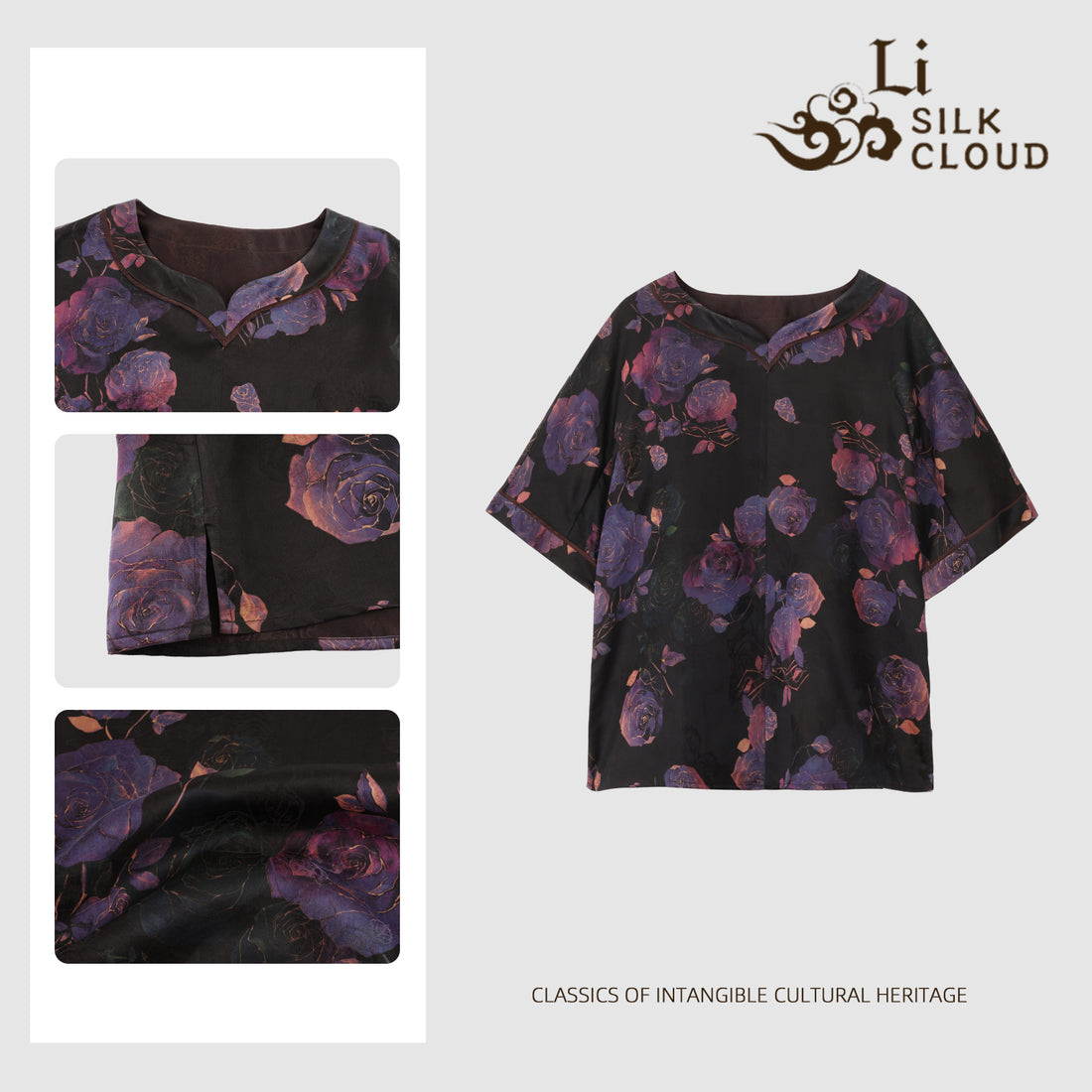 Rose Ombre Short Sleeve | Flattering V-Neck | Sophisticated& Versatile Guangdong Black Pear Gambiered GuangdongGauze xiangyunsha