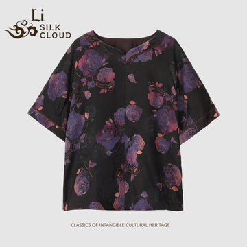 Rose Ombre Short Sleeve | Flattering V-Neck | Sophisticated& Versatile Guangdong Black Pear Gambiered GuangdongGauze xiangyunsha