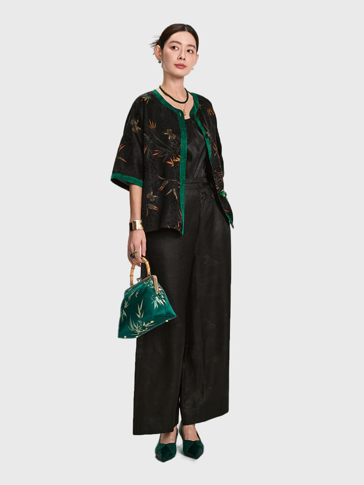 Xiangyunsha Minimalist Chinese Pants l Hidden PocketsMinimalist | Effortless Elegance for Any Occasion GuangdongBlack Pearl Gambiered Guangdong Gauze xiangyunsha