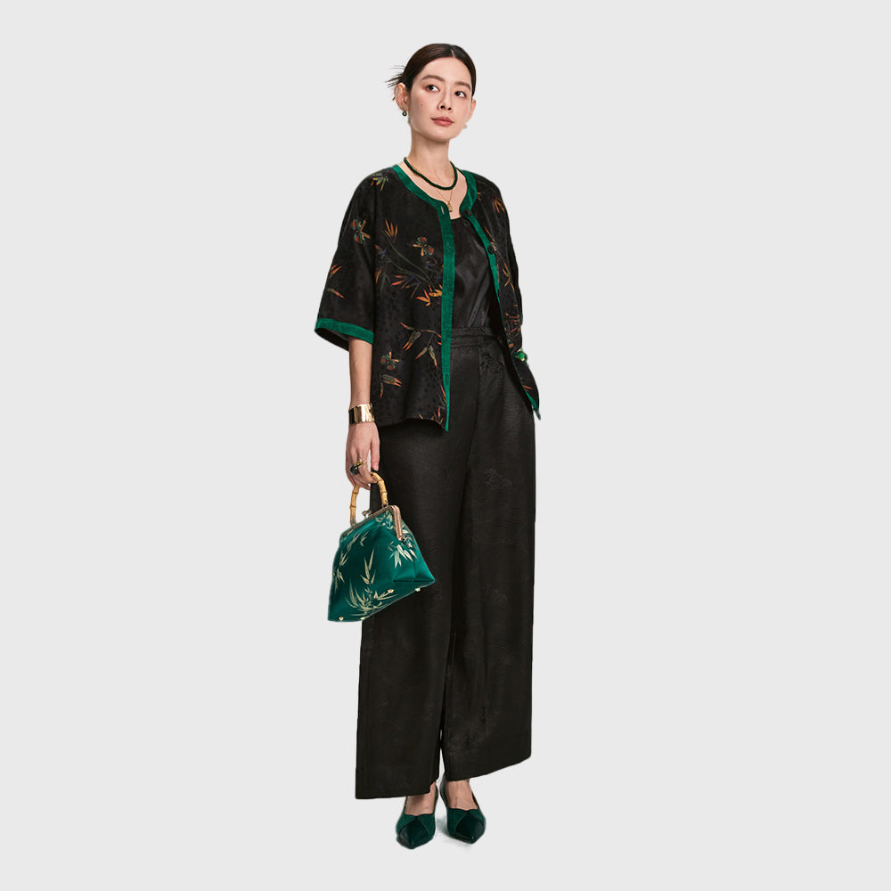 Xiangyunsha Minimalist Chinese Pants l Hidden PocketsMinimalist | Effortless Elegance for Any Occasion GuangdongBlack Pearl Gambiered Guangdong Gauze xiangyunsha