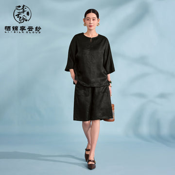 Half Sleeve Blouse - 100% Mulberry Silk，Comfortable Silk Top Guangdong Black Pearl Gambiered Guangdong Gauze xiangyunsha