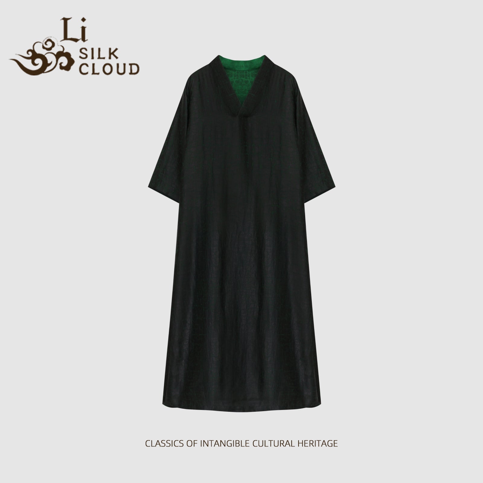 Xiangyunsha Chinese Sophisticated SlLK dress l Jade-GreenTextured Stripe | Chic Slimming V-Neck | Elegant Drape &Comfort Guangdong Black Pearl Gambiered GuangdongGauze xiangyunsha