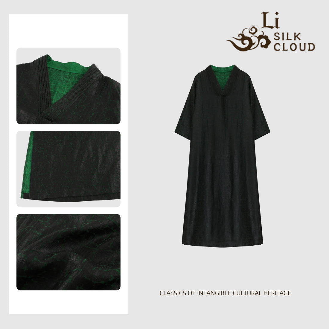 Xiangyunsha Chinese Sophisticated SlLK dress l Jade-GreenTextured Stripe | Chic Slimming V-Neck | Elegant Drape &Comfort Guangdong Black Pearl Gambiered GuangdongGauze xiangyunsha