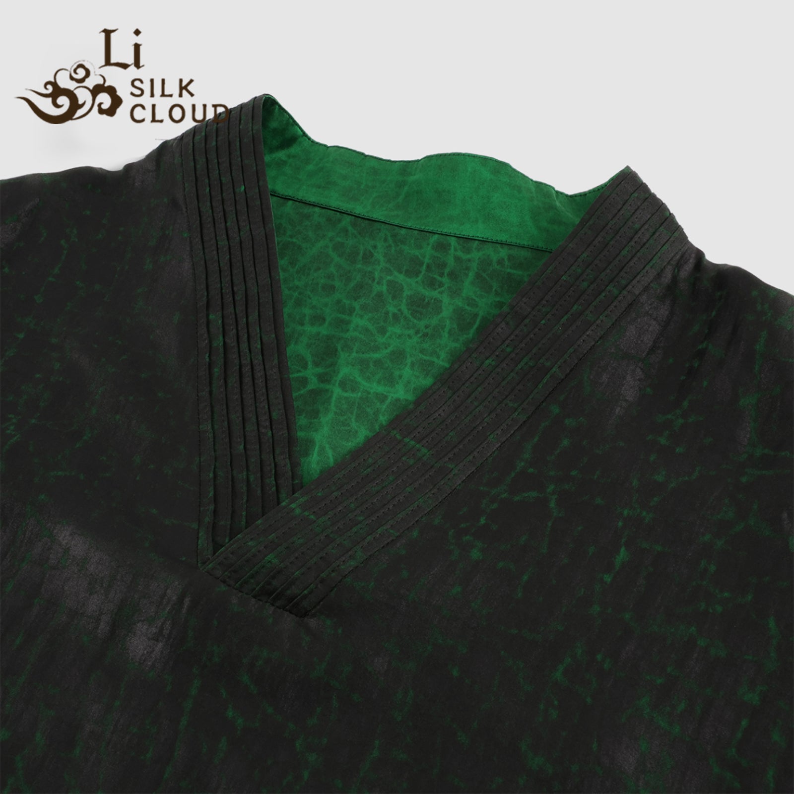 Xiangyunsha Chinese Sophisticated SlLK dress l Jade-GreenTextured Stripe | Chic Slimming V-Neck | Elegant Drape &Comfort Guangdong Black Pearl Gambiered GuangdongGauze xiangyunsha