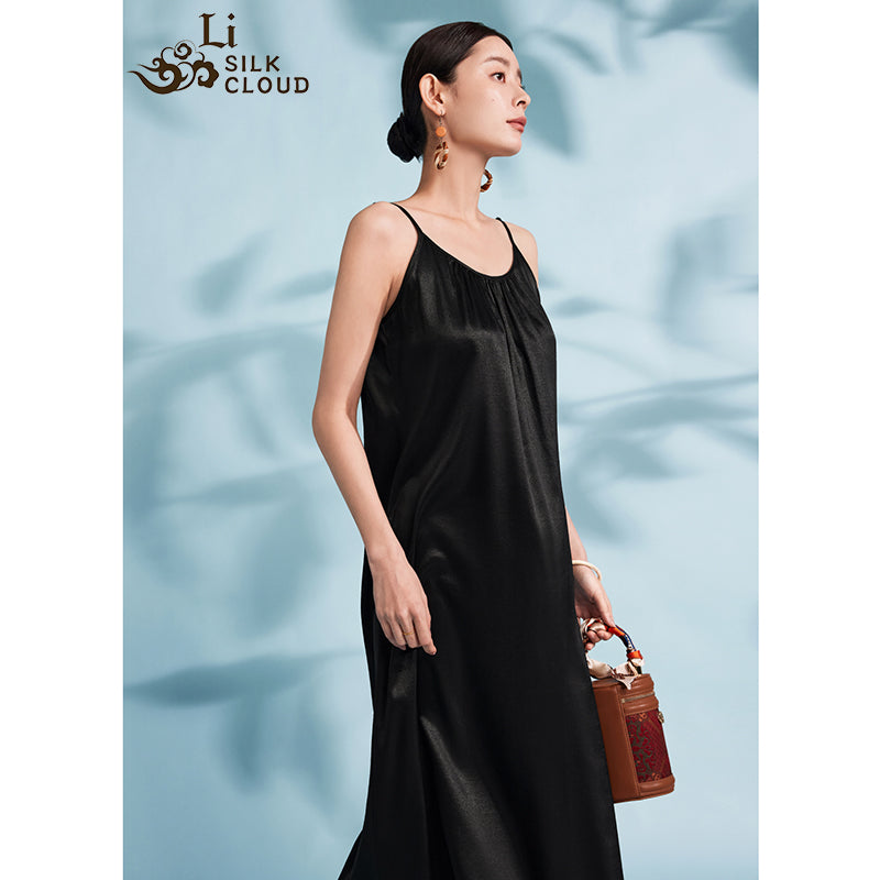 LI SILK CLOUD Women's Black Silk Xiangyunsha Slip Dress - Traditional Dyeing Craft, Stylish Camisole Design