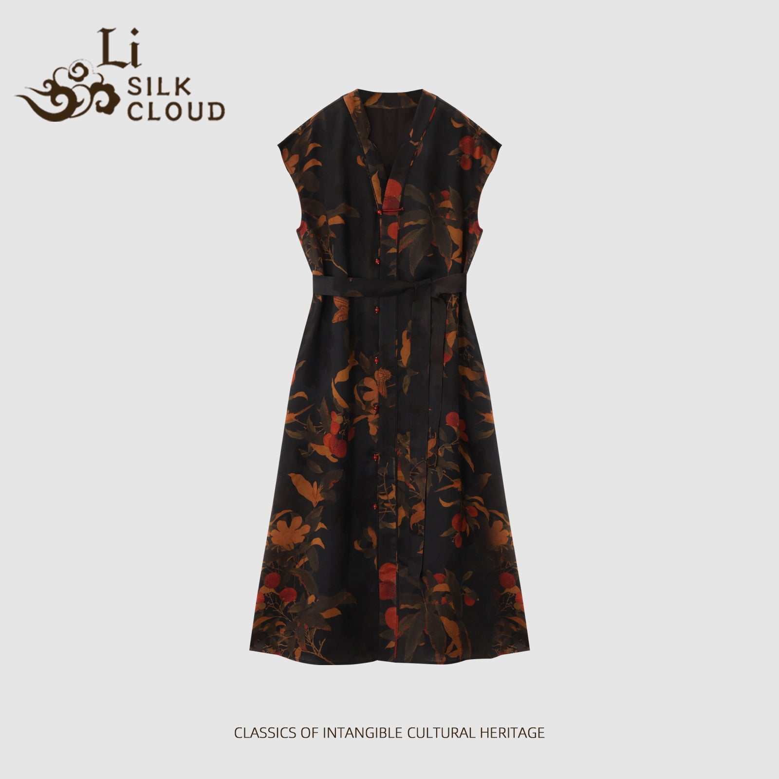 SlLK Wrap Dress Xiangyunsha | ink-Wash Print | Accent KnotButtons | Effortlessly Slim Guangdong Black Pearl GambieredGuangdong Gauze xiangyunsha