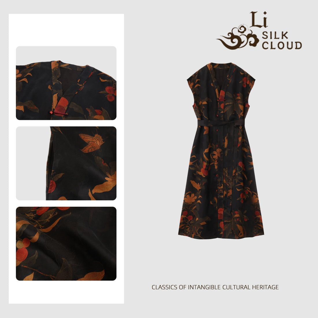 SlLK Wrap Dress Xiangyunsha | ink-Wash Print | Accent KnotButtons | Effortlessly Slim Guangdong Black Pearl GambieredGuangdong Gauze xiangyunsha