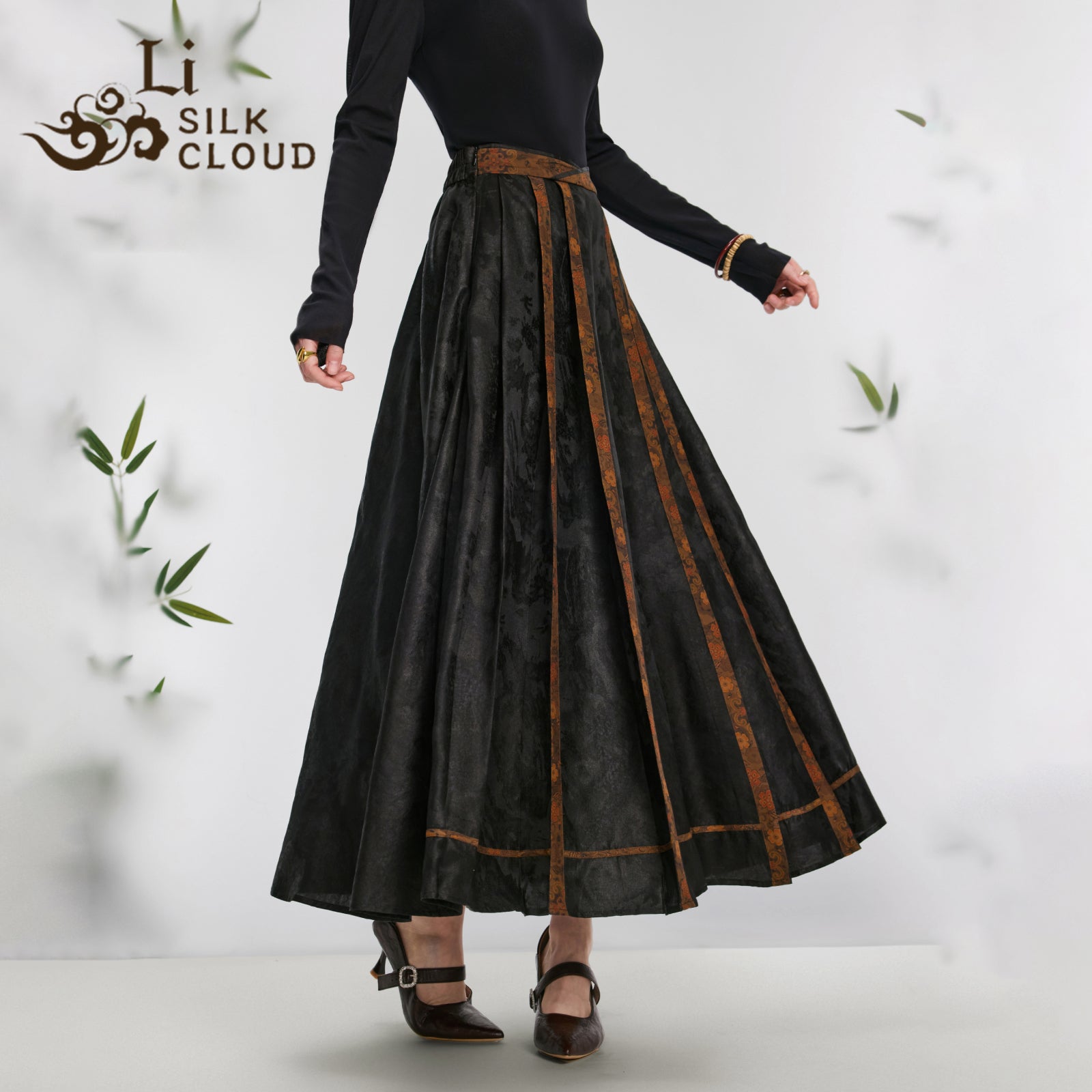 WAIST-SHAPING Mamian Skirt Xiangyunsha Chinese style Slim Cut & HIDDEN POCKETS |Artistic Print   Modemn HanfuRevolution Guangdong Black Pear Gambiered GuangdongGauze xiangyunsha