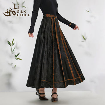 WAIST-SHAPING Mamian Skirt Xiangyunsha Chinese style Slim Cut & HIDDEN POCKETS |Artistic Print   Modemn HanfuRevolution Guangdong Black Pear Gambiered GuangdongGauze xiangyunsha