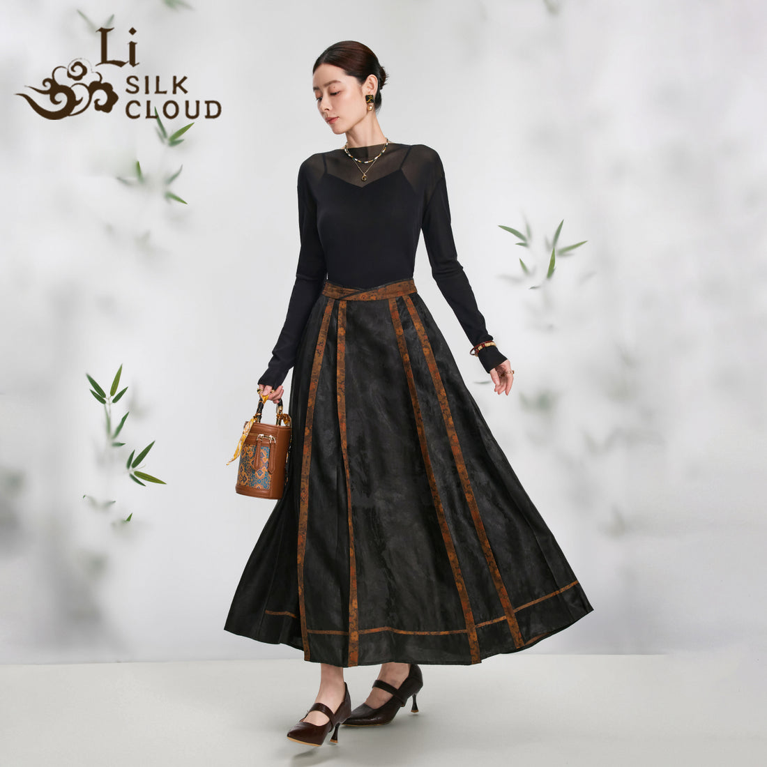 WAIST-SHAPING Mamian Skirt Xiangyunsha Chinese style Slim Cut & HIDDEN POCKETS |Artistic Print   Modemn HanfuRevolution Guangdong Black Pear Gambiered GuangdongGauze xiangyunsha