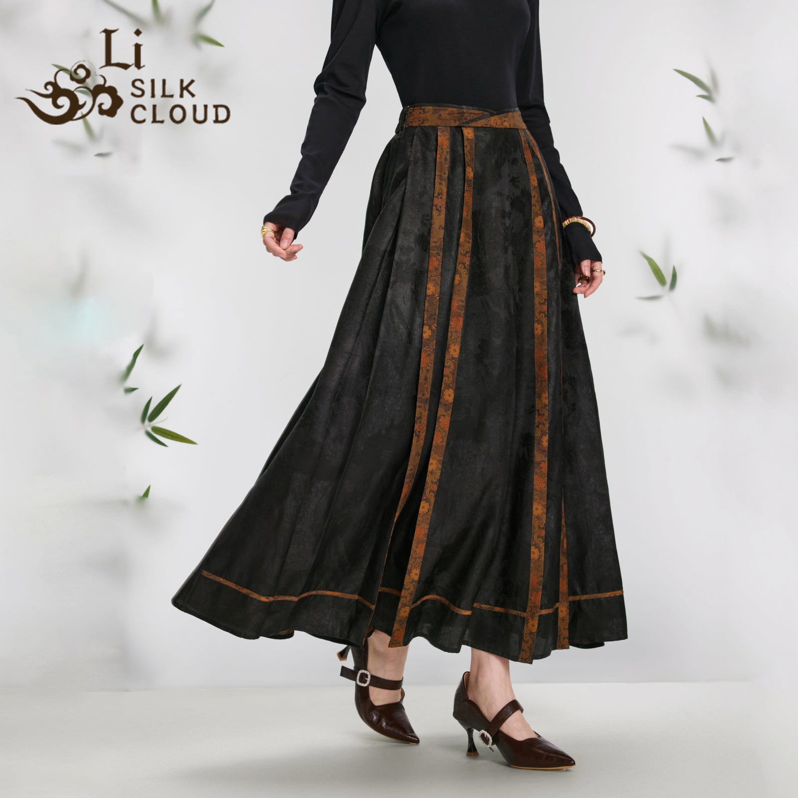 WAIST-SHAPING Mamian Skirt Xiangyunsha Chinese style Slim Cut & HIDDEN POCKETS |Artistic Print   Modemn HanfuRevolution Guangdong Black Pear Gambiered GuangdongGauze xiangyunsha