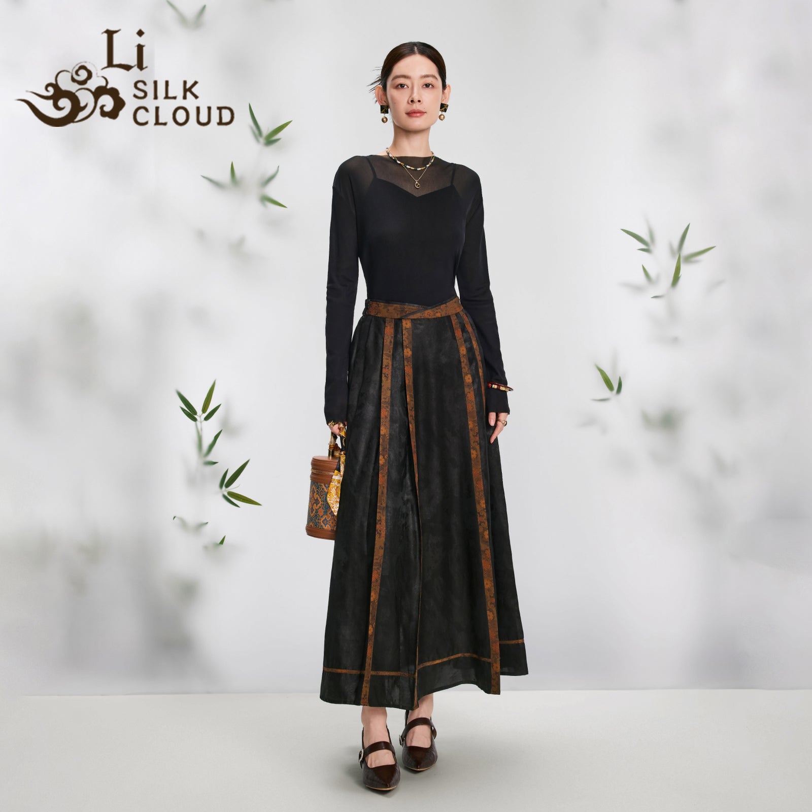 WAIST-SHAPING Mamian Skirt Xiangyunsha Chinese style Slim Cut & HIDDEN POCKETS |Artistic Print   Modemn HanfuRevolution Guangdong Black Pear Gambiered GuangdongGauze xiangyunsha