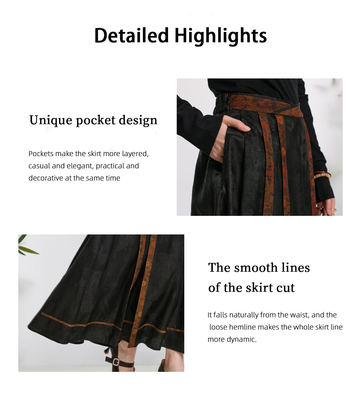 WAIST-SHAPING Mamian Skirt Xiangyunsha Chinese style Slim Cut & HIDDEN POCKETS |Artistic Print   Modemn HanfuRevolution Guangdong Black Pear Gambiered GuangdongGauze xiangyunsha