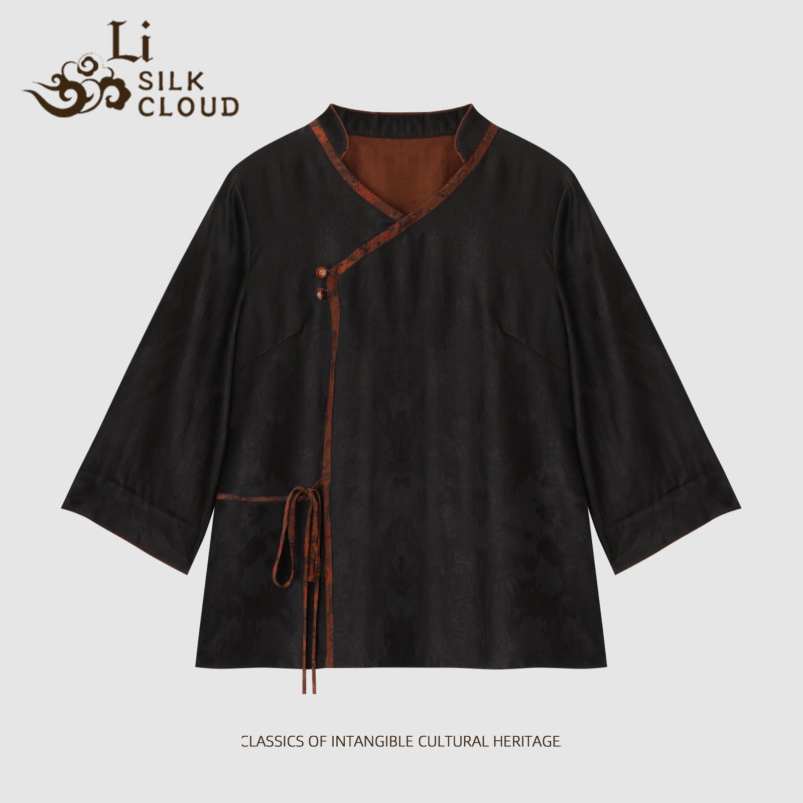 Xiangyunsha Retro Top . handmade buttonhole Soft and breathable   Guangdong Black Pearl Gambiered GuangdongGauze xiangyunsha