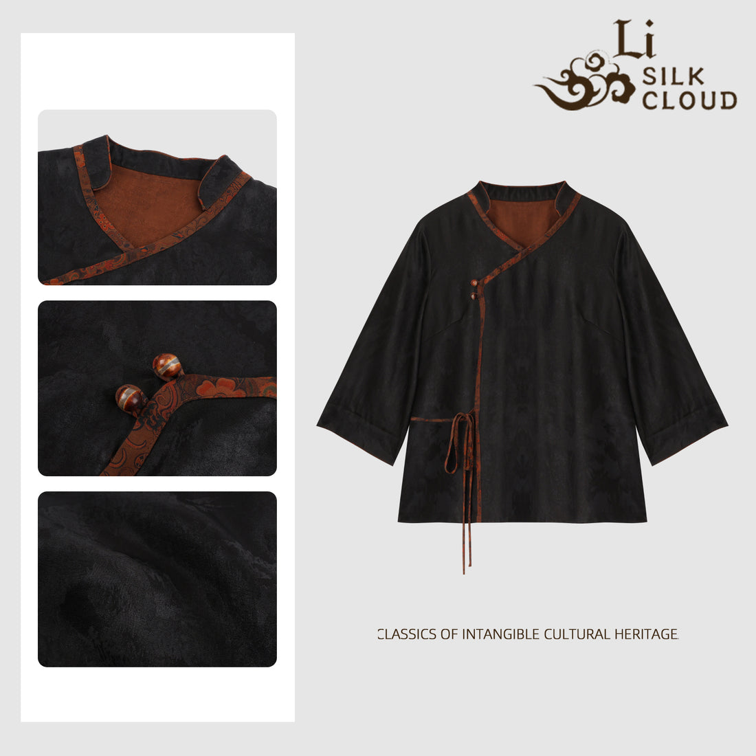 Xiangyunsha Retro Top . handmade buttonhole Soft and breathable   Guangdong Black Pearl Gambiered GuangdongGauze xiangyunsha