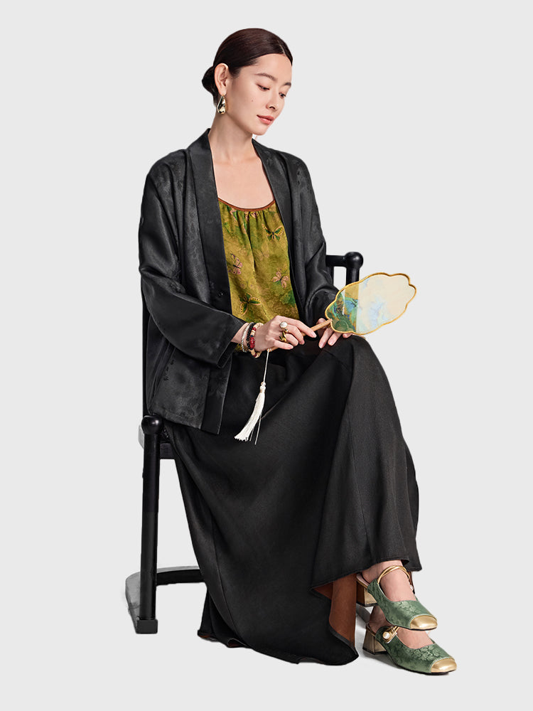 Xiangyunsha Silk Coat | Hand-Stitched Florals |Suitable forboth air-conditioned rooms and outdoors Elegant and notsweaty Guangdong Black Pearl Gambiered GuangdongGauze xiangyunsha