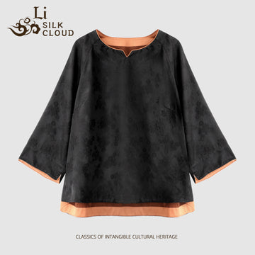 Xiangyunsha Chinese style Zen Top | Flattering Necklineslimming and Can cover hips | Quiet Luxury GuangdongBlack Pearl Gambiered Guangdong Gauze xiangyunsha