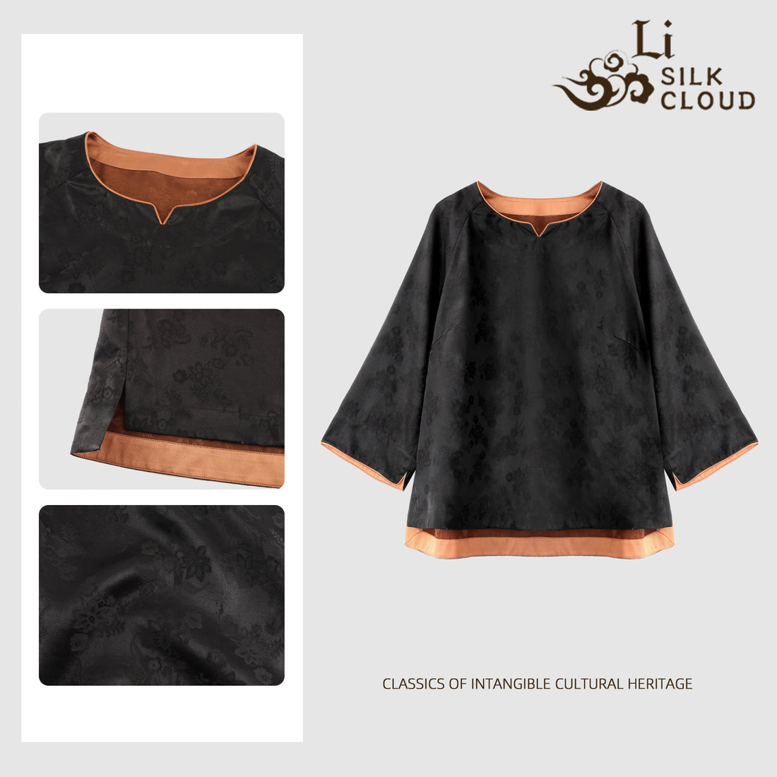 Xiangyunsha Chinese style Zen Top | Flattering Necklineslimming and Can cover hips | Quiet Luxury GuangdongBlack Pearl Gambiered Guangdong Gauze xiangyunsha