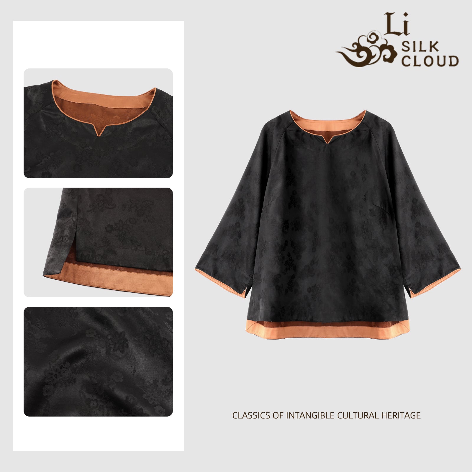 Xiangyunsha Chinese style Zen Top | Flattering Necklineslimming and Can cover hips | Quiet Luxury GuangdongBlack Pearl Gambiered Guangdong Gauze xiangyunsha