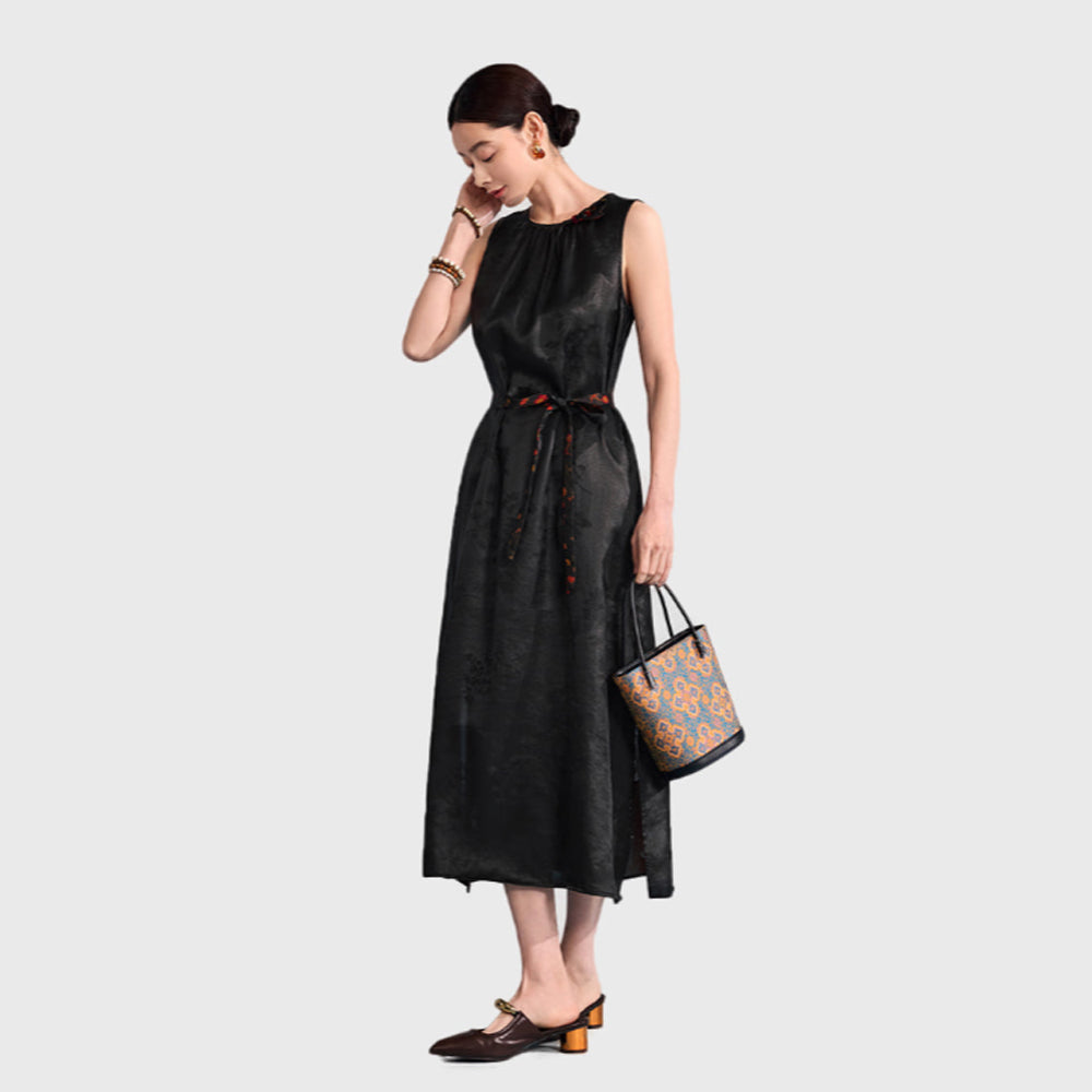 Xiangyunsha Chinese Gambiered Silk Dress | DetachableSash =-5cm Waist |3 Styles: Gala-Resort-OfficeGuangdong Black Pearl Gambiered Guangdong Gauzexiangyunsha