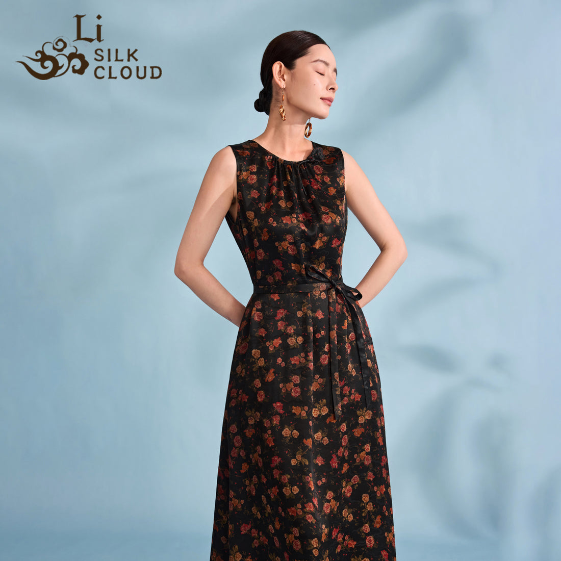 Xiangyunsha silk dress- Detachable Belt & Bow Guangdong Black Pearl Gambiered Guangdong Gauze xiangyunsha
