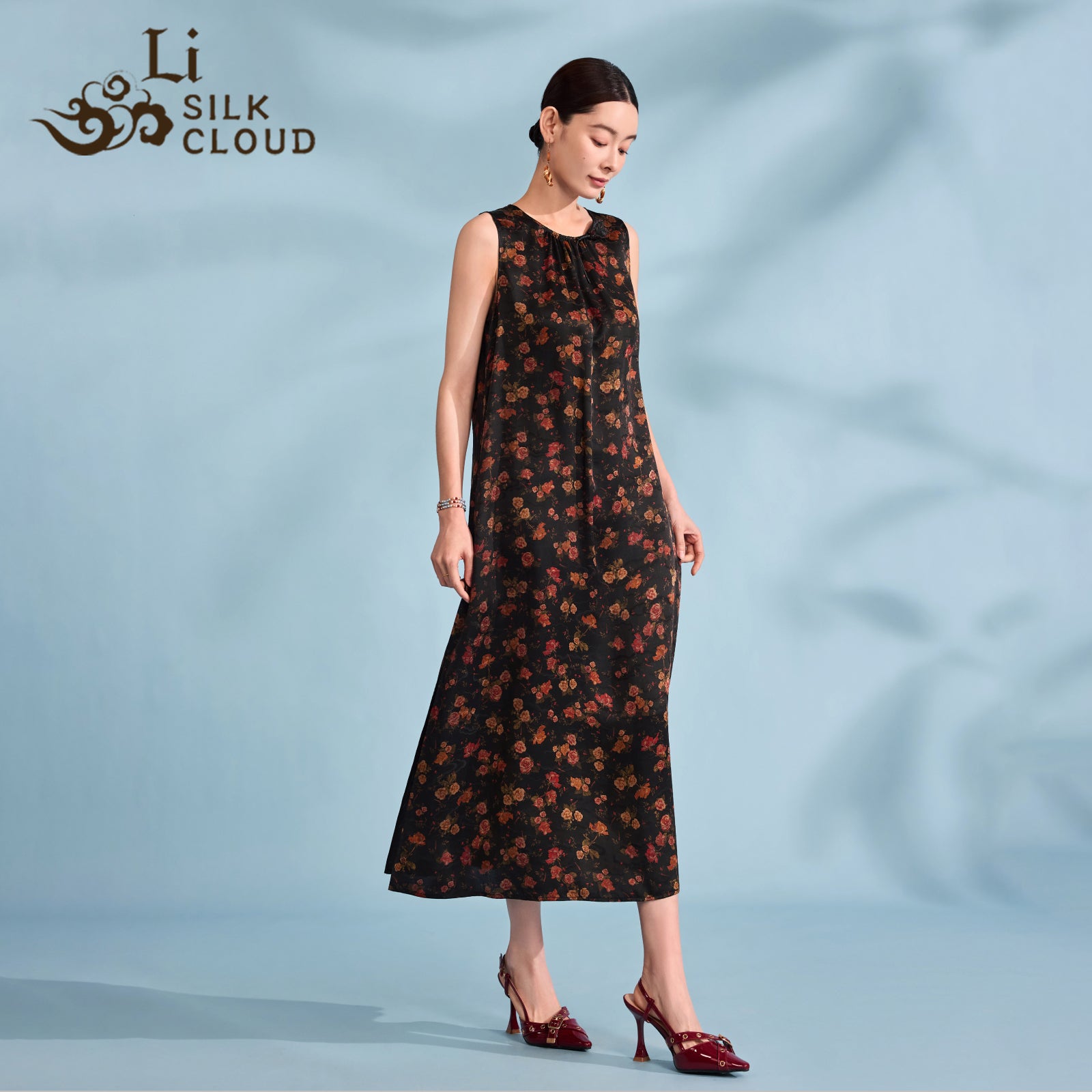 Xiangyunsha silk dress- Detachable Belt & Bow Guangdong Black Pearl Gambiered Guangdong Gauze xiangyunsha
