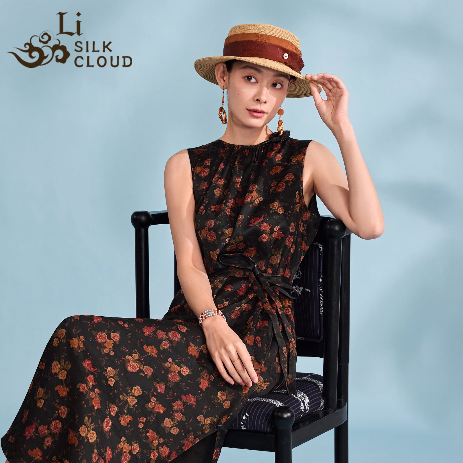 Xiangyunsha silk dress- Detachable Belt & Bow Guangdong Black Pearl Gambiered Guangdong Gauze xiangyunsha