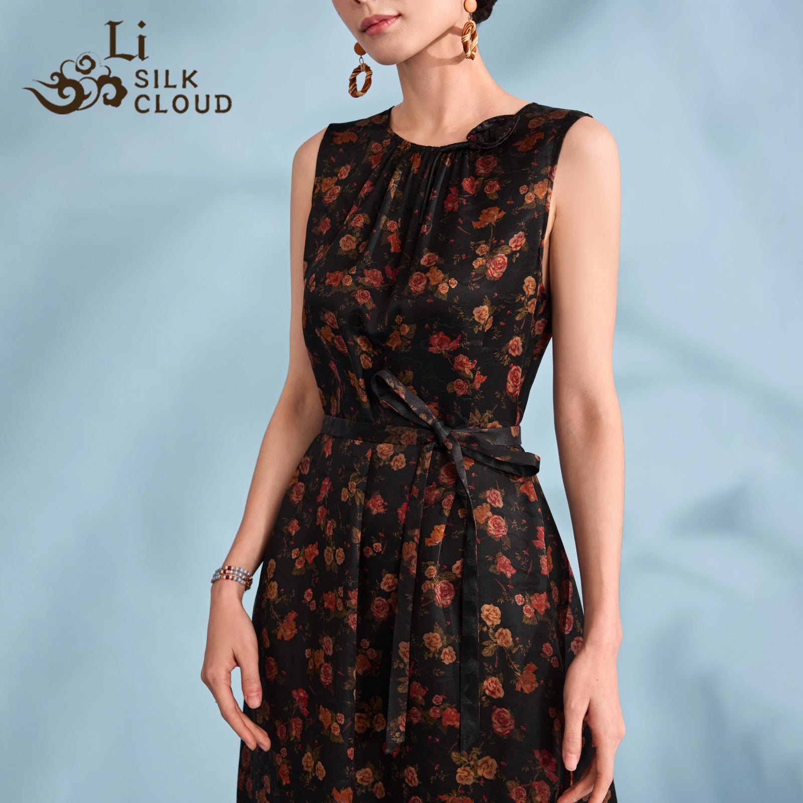 Xiangyunsha silk dress- Detachable Belt & Bow Guangdong Black Pearl Gambiered Guangdong Gauze xiangyunsha
