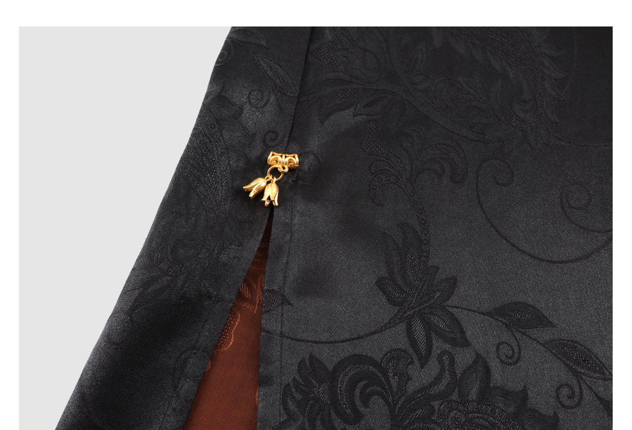 Chinese-style Xiangyunsha retro casual side slit trousers  Guangdong Black Pearl Gambiered Guangdong Gauze xiangyunsha