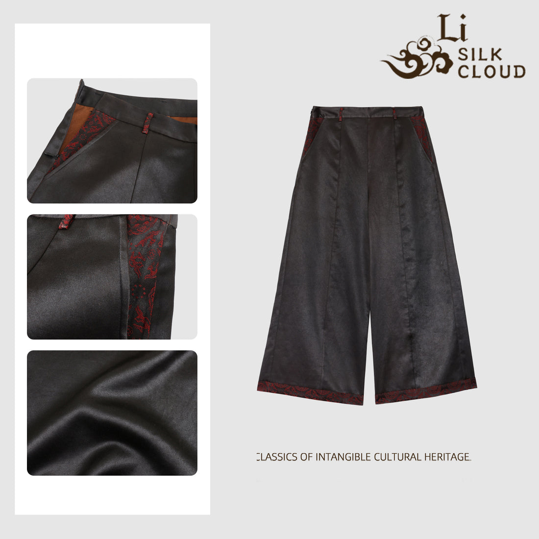 Xiangyunsha Silk Pants Side zipper Vintage Hand Embroidery Hidden pockets Guangdong Black Pearl Gambiered Guangdong Gauze xiangyunsha
