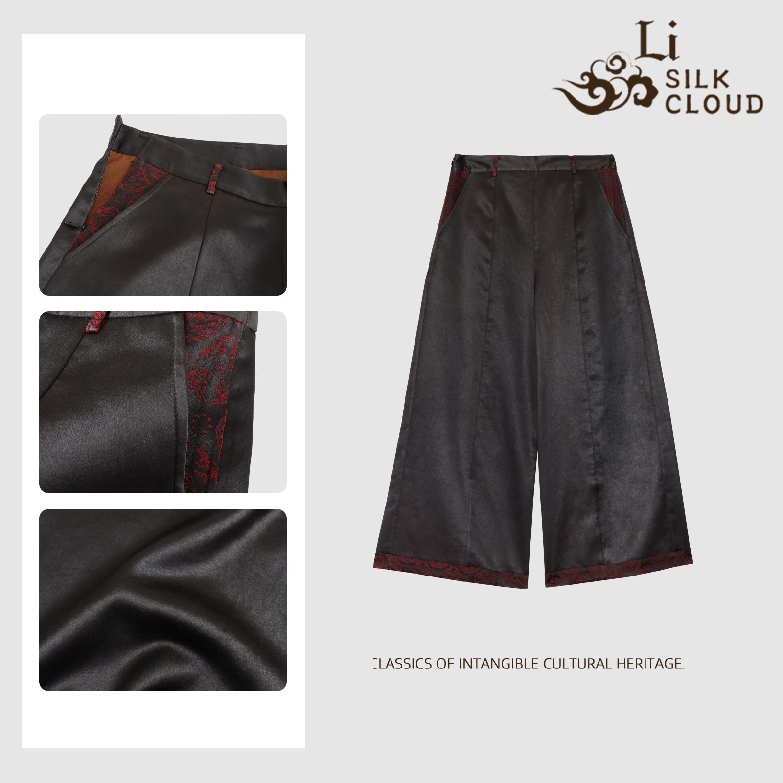 Xiangyunsha Silk Pants Side zipper Vintage Hand Embroidery Hidden pockets Guangdong Black Pearl Gambiered Guangdong Gauze xiangyunsha