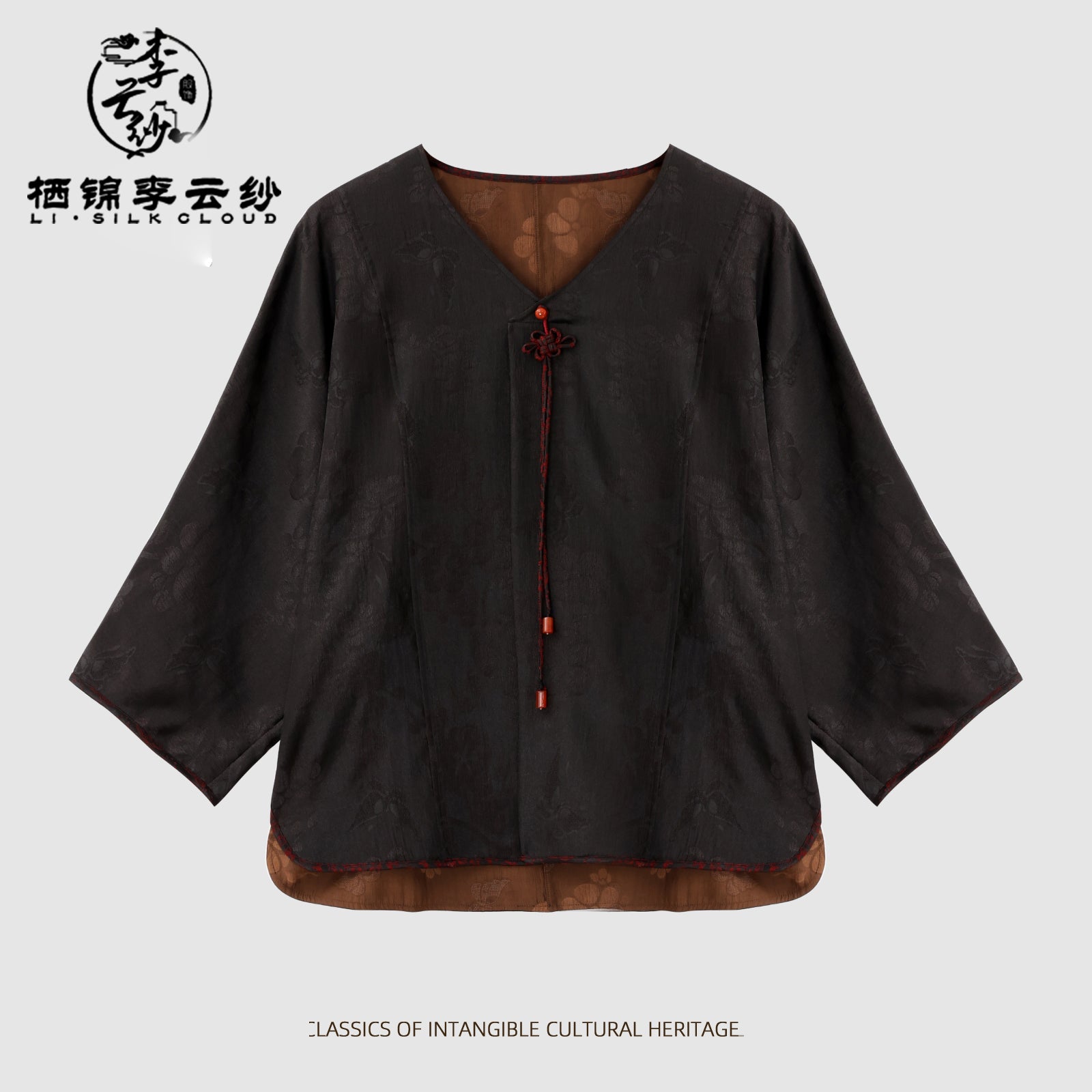 Xiangyunsha Chinese-style top · Handmade rope knotembellishment . Luxury Series  Guangdong Black Pearl Gambiered Guangdong Gauze xiangyunsha